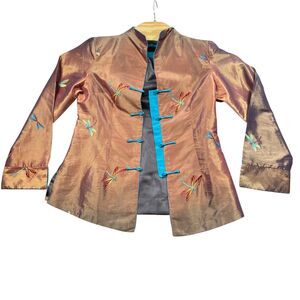 Miniye Jacket Asian Inspired Silk Blend Jacket Lined Dragonflies 3/4 Sleeve‎